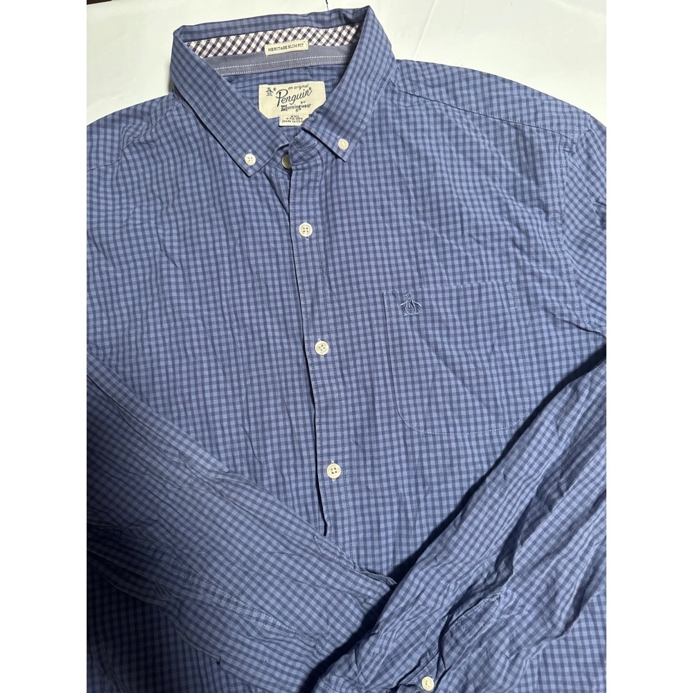 Original Penguin Heritage Slim Fit Blue Gingham Check‎ Button Down Shirt XXL